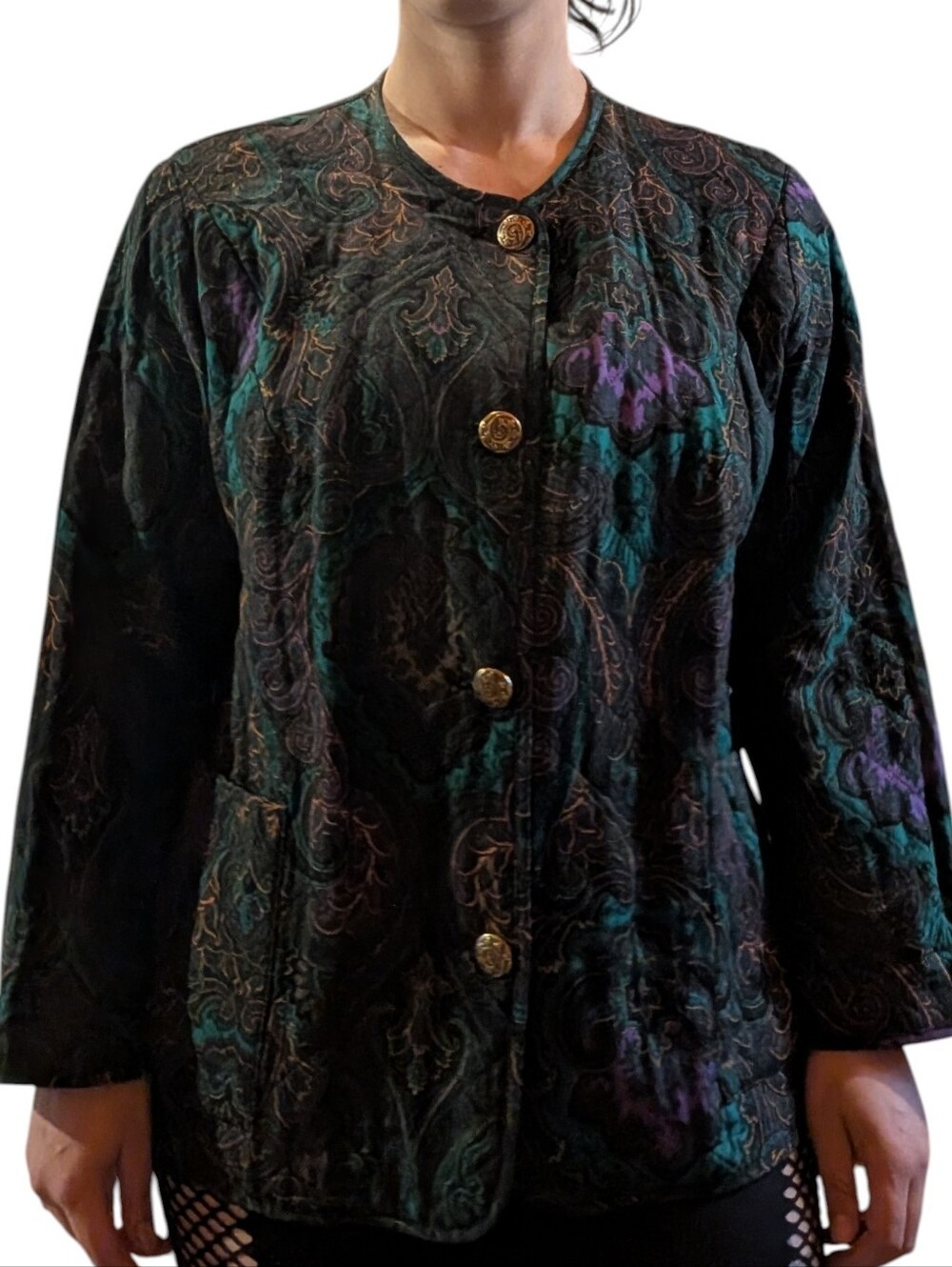 Vintage Women’s Quilted Paisley Button-Front Jacket in Teal & Purple